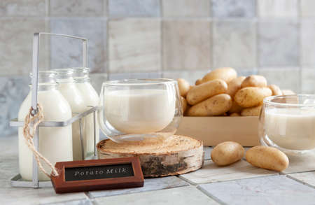 Vegan potato milk in glass and potato on ceramic tile background. Plant based milk replacer, lactose free concept. Selective focus, close upの写真素材
