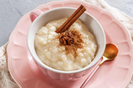 Traditional Scandinavian-style rice porridge, pudding. Close up, top viewの写真素材