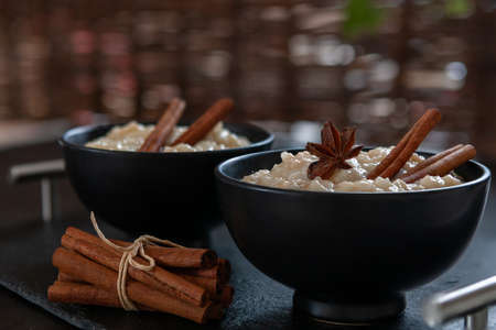 Traditional Scandinavian-style rice porridge, pudding. Close up, selective focusの写真素材