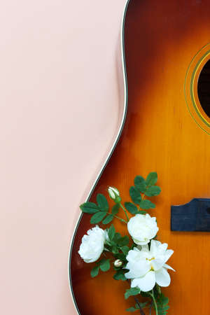 Acoustic guitar and wild blooming white roses on pastel coral color background. Top view, close up, copy space.の写真素材