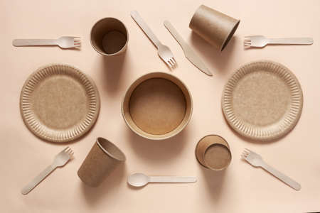 Various Eco-friendly disposable tableware for food over pastel background. top viewの写真素材