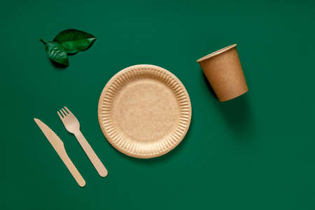 Eco-friendly disposable tableware for food with forks, knives and plates over green background. top viewの写真素材