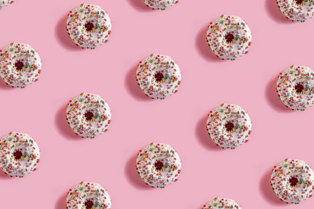 Delicious glazed donuts on the pink table background. Repeating pattern, top view, close up.