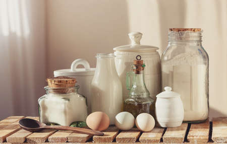 Ingredients for pancakes, sweet pastries. Close-up, selective focus.