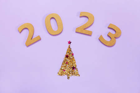 2023 Year Golden Number Text on trendy lavender Background with fir tree siliuette from glitter confettiの写真素材