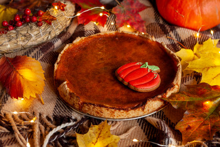 Traditional homemade festive pumpkin pie on cozy checkered plaid.の写真素材