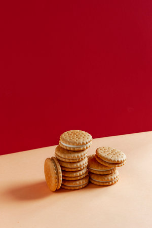 Close-up round crispy biscuits with a layerの写真素材