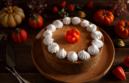 Pumpkin cheesecake with meringue on the cozy autumn background.の写真素材