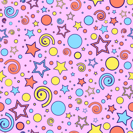 Bright seamless pattern of blue, yellow and orange stars, dots and curls, on a pink background, vector. Ideal as a pattern for children's textiles, clothing, wrapping paper or other design. Excellent as a background for the production of printed product, advertising, or other design.のイラスト素材