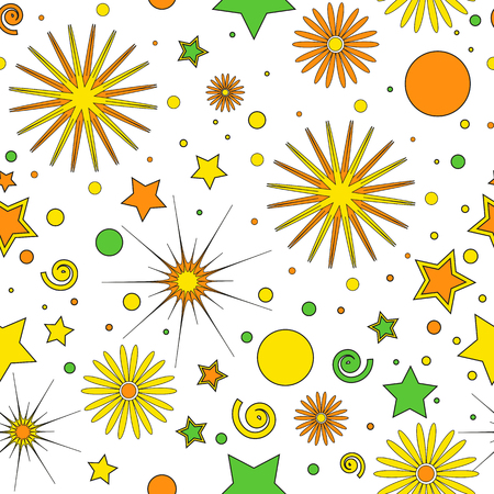 Seamless pattern for children's items of orange-yellow and green dots, stars, curls and flowers, on a white background, vector. Great for decorating fabrics, textiles, gift wrapping, printed materialsのイラスト素材