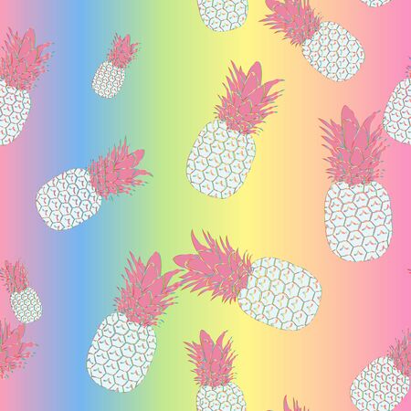 Seamless tropical pattern of rainbow pineapples on a bright gradient background, vector. Great for decorating fabrics, textiles, gift wrapping design, any printed materials, including advertising.のイラスト素材