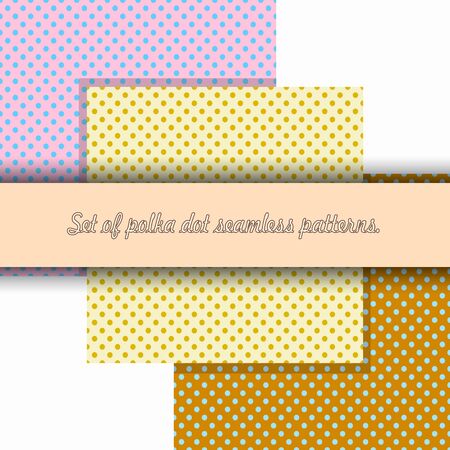 A set of three seamless polka dot patterns in blue-pink, yellow, orange-blue colors. Great for decorating fabrics, textiles, gift wrapping design, any printed materials, advertising, or other design.のイラスト素材