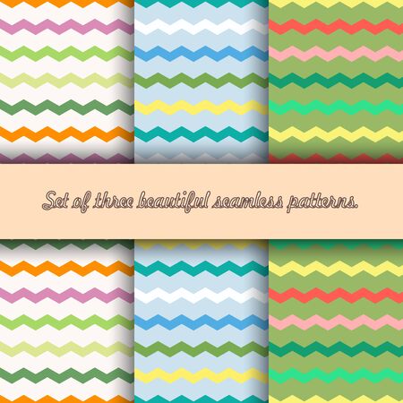 Set of three seamless patterns of multicolor broken lines, zigzag, on linen, light blue, olive background, vector. Great for decorating fabrics, textiles, gift wrapping, printed materials, advertising.のイラスト素材