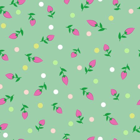 Seamless floral pattern, purplish green flowers and multicolored dots, on a bluish green background. Great for decorating fabrics, textiles, gift wrapping, printed materials, advertising, or other.のイラスト素材