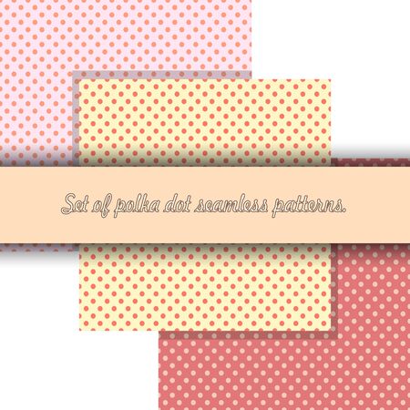 A set of three seamless polka dot patterns in pink-orange, yellow coral, and pink-peach tones. Great for decorating fabrics, textiles, gift wrapping design, printed materials, including advertising.のイラスト素材