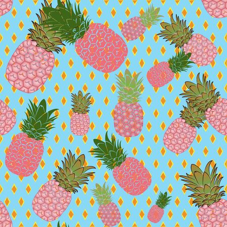 Bright seamless carmine pink with green pineapple pattern, on a light blue background with rhombuses. Excellent as a background for the production of any printed product, advertising, or other design.のイラスト素材