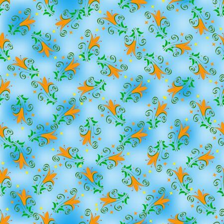 Seamless floral pattern of bright orange lilies, green leaves and curls, against a background of light and dark blue spots. Great for decorating fabrics, gift wrapping, printed materials, advertising.のイラスト素材