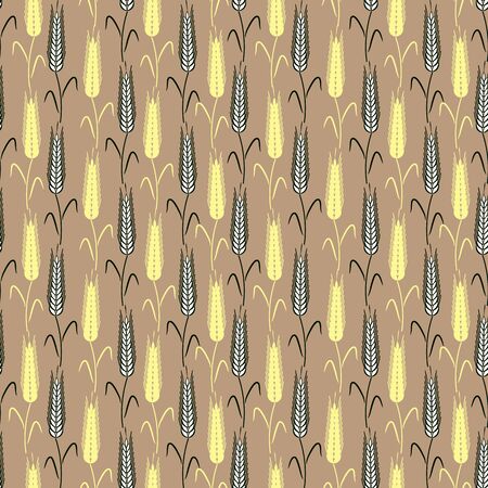 Black and white and yellow ears of wheat on the stems and with leaves, seamless pattern, brown background. Great for decorating fabrics, textiles, gift wrapping, printed materials, advertising.のイラスト素材