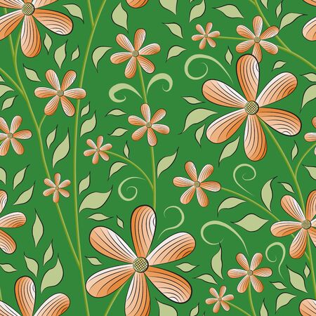 Beautiful abstract seamless pattern of large and small orange flowers, green-beige leaves and stems, green background. Great for decorating fabrics, gift wrapping, printed materials,  or other design.のイラスト素材