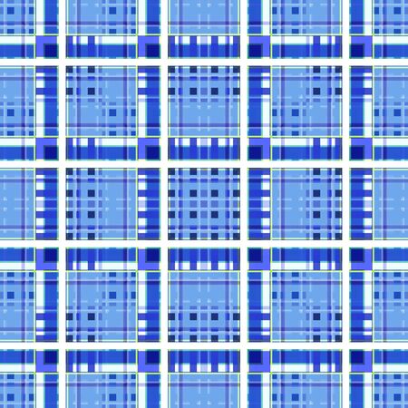 Original seamless pattern of cells and stripes in blue and white colors. Geometric checkered...