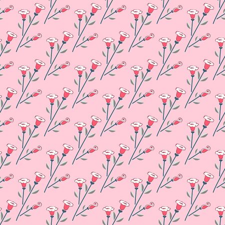 Seamless floral print, diagonal pattern of flowers and buds of white and scarlet color, stalk of color Marengo, gray leaves, pink background. Ideal for any your bold design or advertising project.のイラスト素材