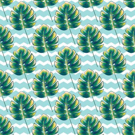 Seamless floral print of tropical leaves, monstera in green and yellow colors. Mint background with white zigzags. Fashionable and glamorous decoration of any of your bold advertising projectsのイラスト素材