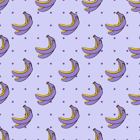 Bright seamless abstract print, purple with yellow bananas, small purple polka dots lavender background. Great for decorating fabrics, textiles, gift wrapping, printed matter, interiors, advertising.のイラスト素材