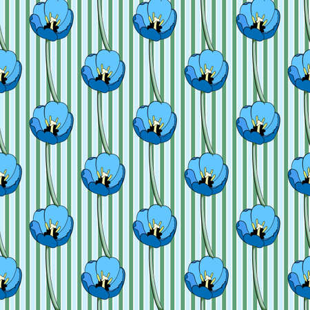 Seamless floral print of bright blue tulips, a background of vertical light blue, green and white stripes. Great for decorating fabrics, textiles, gift wrapping, printed matter, interiors, advertisingのイラスト素材