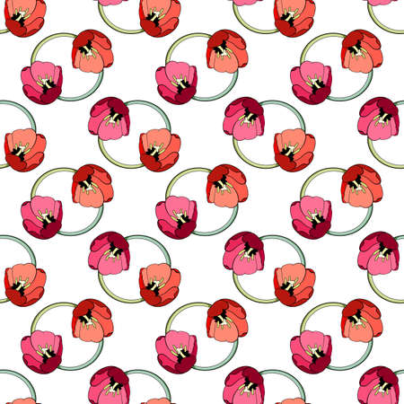 Seamless floral pattern, round elements of bright red and pink tulip flowers with green stems, white background. Fashionable and glamorous decoration of any of your bold advertising projects.のイラスト素材