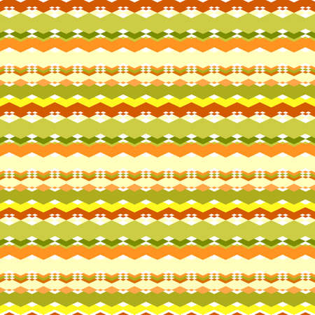 Seamless geometric pattern of horizontal colored zigzags, lines, borders and rhombuses. Warm yellow-orange with green color gamut. For the manufacture of modern, beautiful and quality products.のイラスト素材