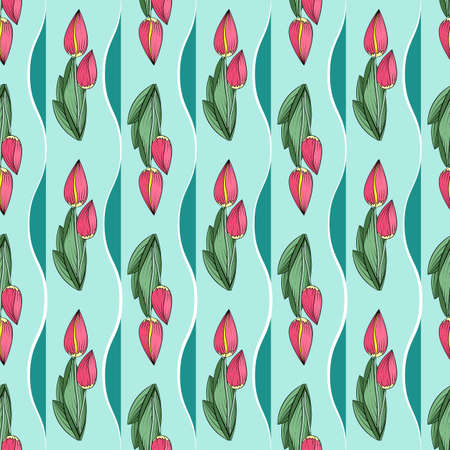 Seamless floral print. Pattern of bright pink buds of tulips, green leaves, wavy vertical borders. Pale blue background. Fashionable and glamorous decoration of any of your bold advertising projects.のイラスト素材