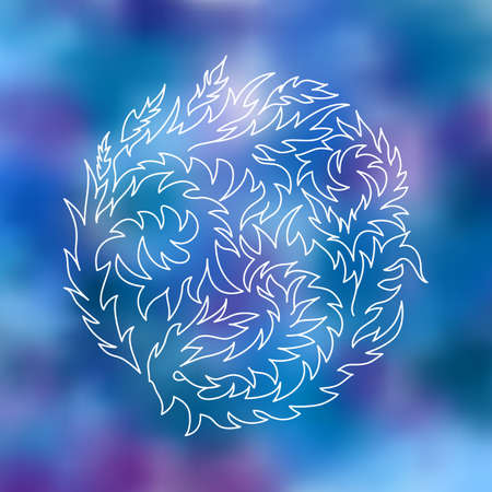 Bright abstract winter background, blur in blue and purple tones. White contour frosty patterns, round shape. Great as a background for any print product, web page, advertisement or other designのイラスト素材