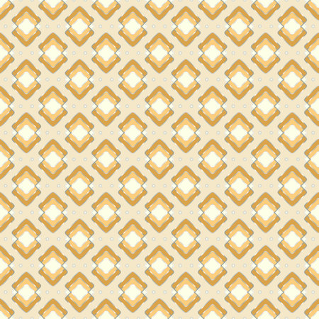 Rhombuses, seamless geometric print, yellow and beige shades, silver gradient contour, light beige background. Great for decorating fabrics, textiles, gift wrapping, printed matter, interiors, ad.のイラスト素材