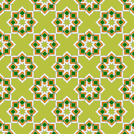 Beautiful seamless geometric pattern in oriental style. Curly stars from rhombuses on a lemon-yellow background. Great for decorating fabrics, textiles, gift wrapping, printed materials, advertising.のイラスト素材