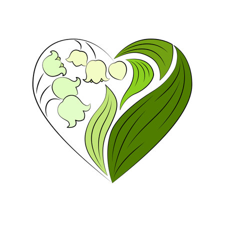 A bouquet of light flowers in the shape of a heart, small lilies of the valley with green leaves, isolated on a white background.のイラスト素材