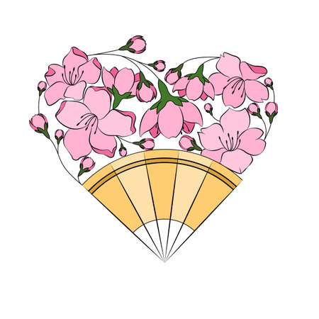 Composition in the shape of a heart, pink sakura blossom and orange-yellow fan. Isolated on white background.のイラスト素材