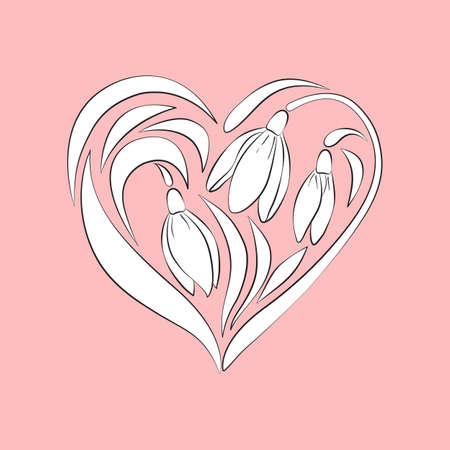 Black and white bouquet of snowdrops in the shape of a heart, pink background. Great template for valentines, postcards, romantic cards, any other design.のイラスト素材