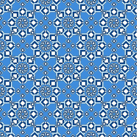 Oriental seamless pattern in blue tones, colored curly stars, royal blue color background. Great for...