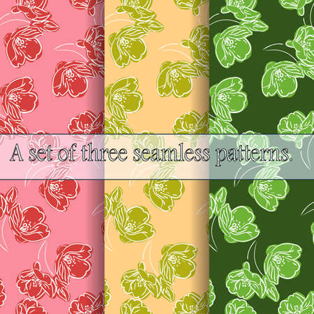 Set of three spring seamless floral prints. Patterns in pink, yellow and green. Great for decorating fabrics, textiles, gift wrapping design, any printed materials, advertising, or other design.のイラスト素材