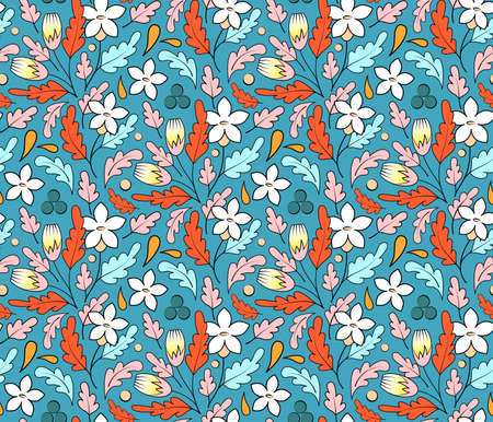 Seamless floral pattern, bright contrasting colors. Cute abstract flowers on a blue background....