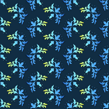 Beautiful modern seamless pattern in oriental style. Damask print with holographic effect, blue background. Great for decorating fabrics, textiles, gift wrapping, printed materials, advertising.のイラスト素材