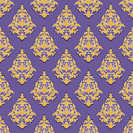 Bright seamless pattern in the style of Damascus. Abstract print in contrasting yellow and purple colors, flowing lines with black and white outline. Ideal for any of your bold designs or projects.のイラスト素材