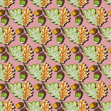 Bright autumn pattern of acorns and oak leaves. Seamless print in yellow, green and brown shades. Great for decorating fabrics, textiles, gift wrapping, printed matter, interiors, advertising.のイラスト素材