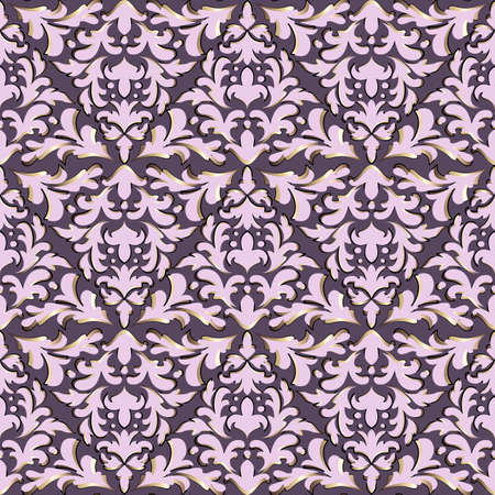 Luxurious pink damask pattern, shiny metallic outline. Seamless print of abstract floral elements in the form of a triangle, purple background. Ideal for any of your design or project.のイラスト素材
