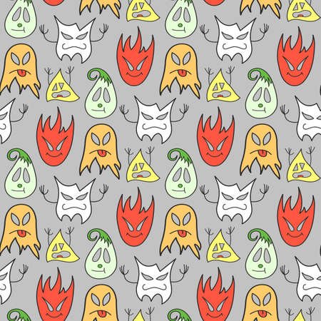 Halloween seamless pattern. Simple doodle illustration, funny colored monsters and ghosts on a gray background, vector. Fashionable and glamorous decoration of any of your bold advertising projects.のイラスト素材
