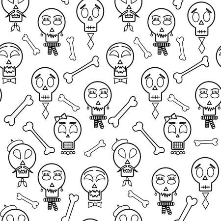 Halloween seamless pattern, simple outline vector. Print with a funny family of skulls, cute faces, bones, white background. Ideal for any your bold design or advertising project.のイラスト素材