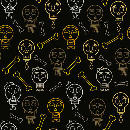 Halloween seamless pattern, simple outline vector. Print with funny colored skulls and bones, cute faces, black background. Fashionable and glamorous decoration of any of your bold advertising projectのイラスト素材