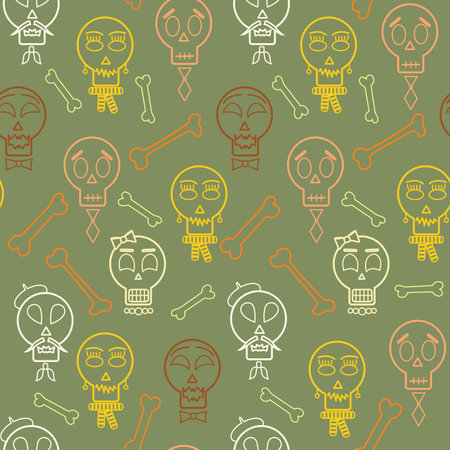 Halloween seamless pattern, simple outline vector. Print with funny colored skulls and bones, cute faces, green background. A beautiful and stylish decoration for the design of any interior.のイラスト素材