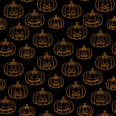Halloween seamless pattern, simple outline vector illustration. Print of orange pumpkins on a black background. Great for decorating fabrics, textiles, gift wrapping design, any printed materials.のイラスト素材