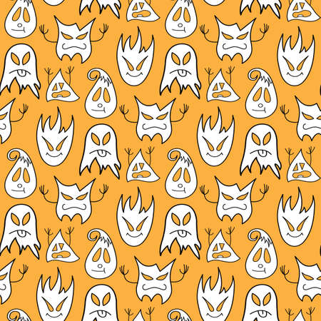Halloween seamless pattern, festive background. Simple vector pattern, funny white with black outline monsters and ghosts, orange background. Ideal for any your bold design or advertising project.のイラスト素材